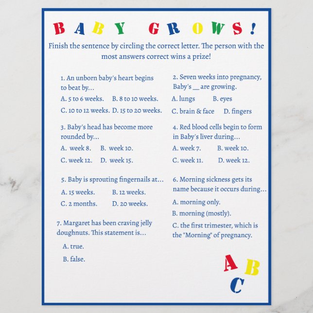 ABC "Baby Grows!" Folheto do jogo (Frente)