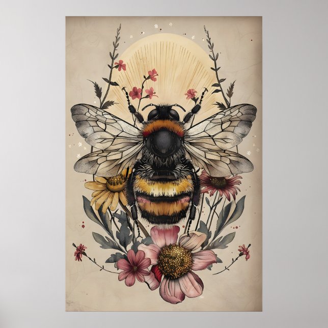 Abeilha Boho em Impressão Floral, Parede Rústica d (Frente)