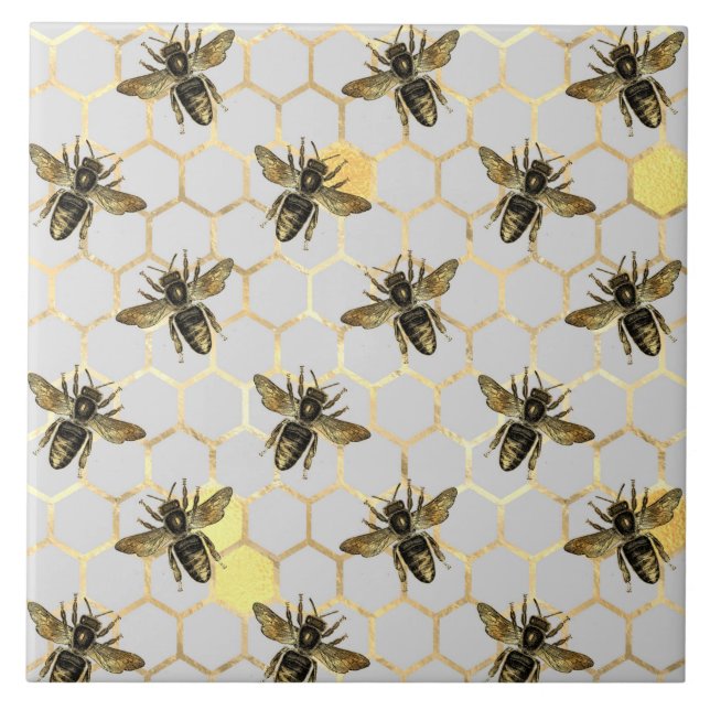 Abejas en Patrón de Panal Amarillo Dorado Gris (Frente)