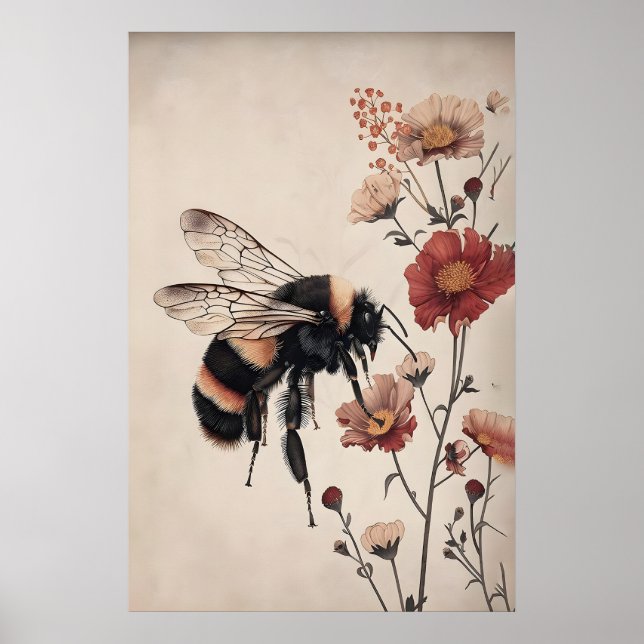 Abelha Boho em Impressão de Flor Vermelha, Botânic (Frente)
