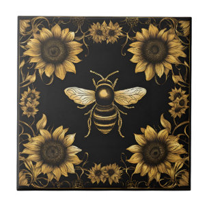 Abelha Bumble Bee Dourada e Girassóis