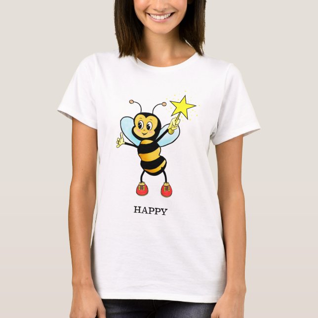 Abelha Feliz e Fofa com Estrela na Camiseta Azul C (Frente)
