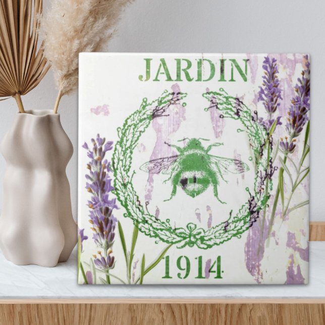 abelha vintage rústica francesa da lavanda (rustic chic french country lavender vintage bee ceramic tile)