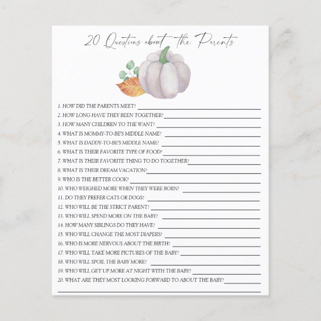 Abóbora branca - 20 perguntas sobre os pais (Frente)