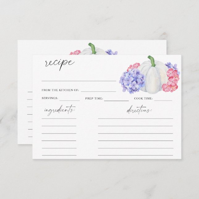 Abóbora branca de aquarela - cartão de receita (Frente/Verso)