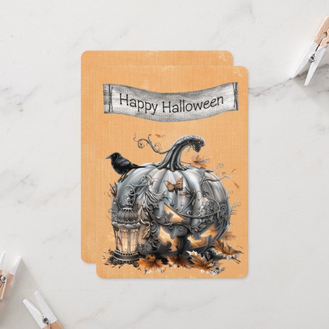 Abóbora-Cinza Steampunk Ornamentado Halloween (Frente/Verso In Situ)