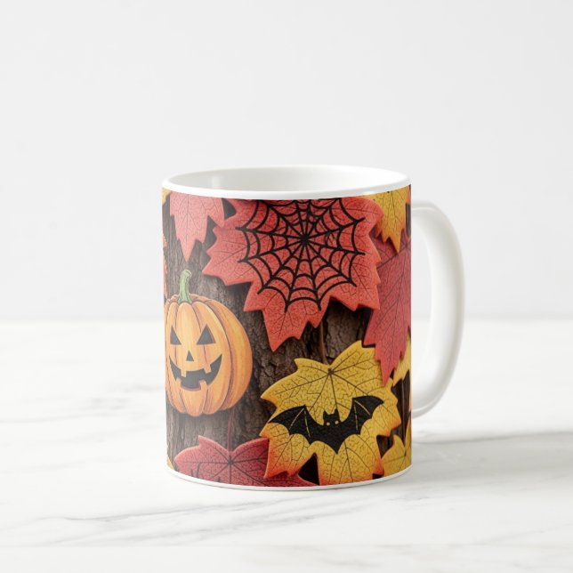Abóbora de Halloween e outono deixam caneca de caf (Frente Esquerda)