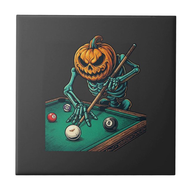 Abóbora de Halloween Esqueleto Jogando Bilhar (Frente)