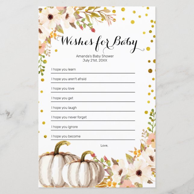 Abóbora Dourada Aquarela Desejos para Jogo Bebê (Frente)