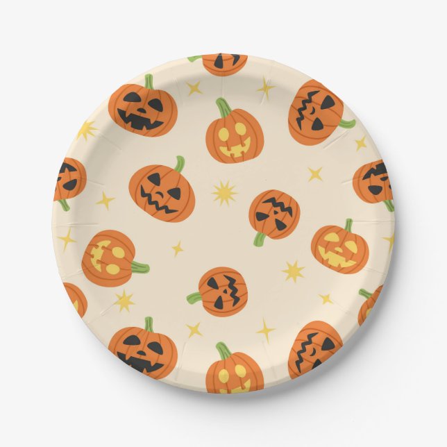 Abóboras de Halloween Fofas em Pratos de Papel Cre (Frente)