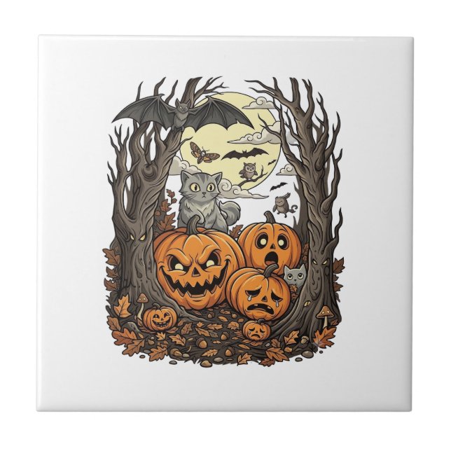 Abóboras de Halloween Gato Cinza Morcego Lua Cheia (Frente)