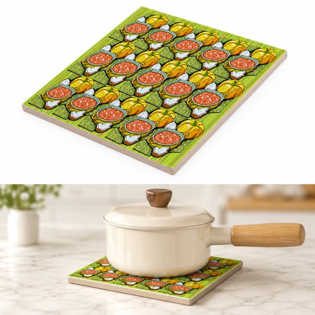 Abóboras, Sopa e Fundo Listrado (Pumpkins, Soup and Striped Background Tile)