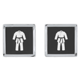 Abotoaduras Com Acabamento Prateado Karate Black Belt Artes Marciais