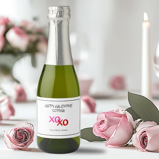 Abraços XOXO da Galentina Felizes e Rosa e Beijos  (Pink Happy Galentine XOXO Hugs and Kisses Red Sparkling Wine Label)