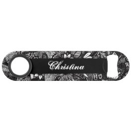 Abridor De Garrafa Bar Key Monograma floral tirado branco preto moderno da