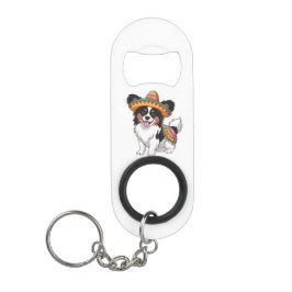 Abridor De Garrafa Chaveiro Fiesta Papillon Dog Vestindo Sombrero e Sarape
