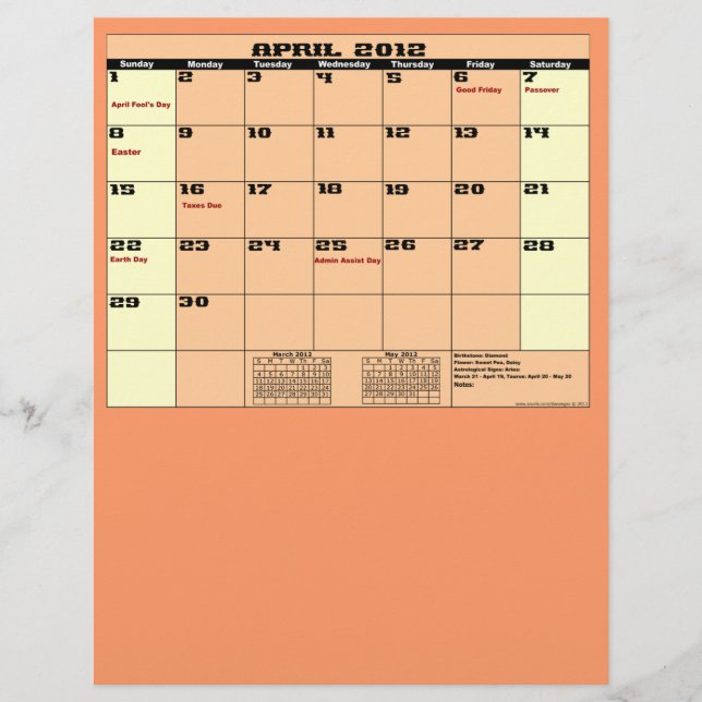 Abril. Calendário 2012 Folheto Multipropósito de 1 (Frente)