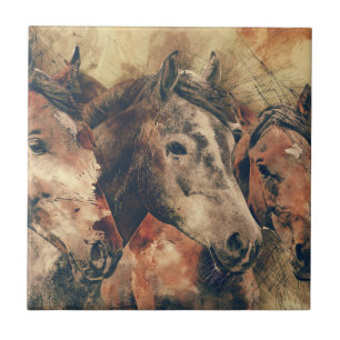 Absolutamente Magnífica Aquarela de Três Cavalos