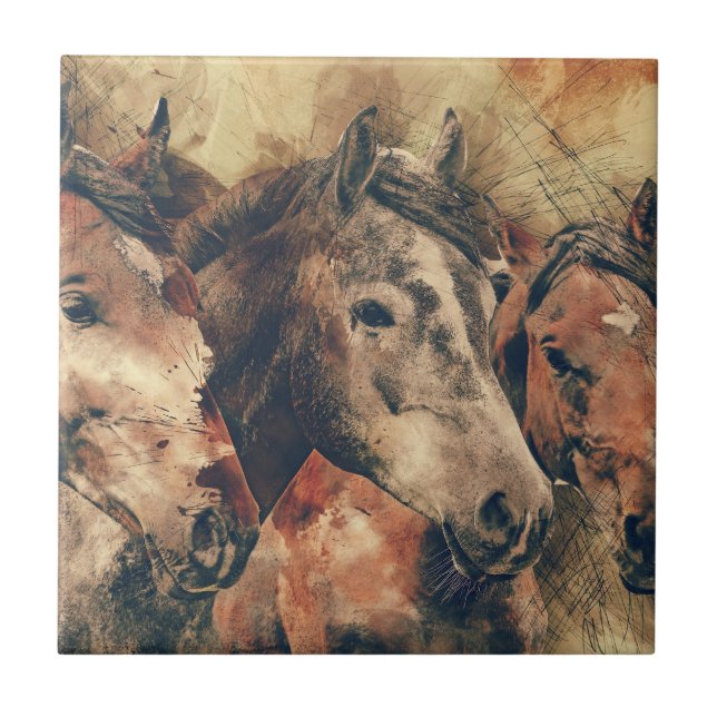 Absolutamente Magnífica Aquarela de Três Cavalos (Frente)