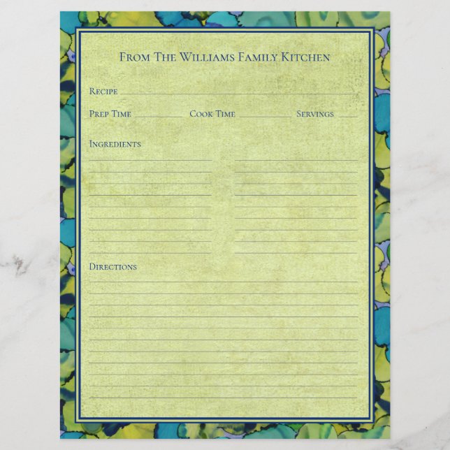 Abstract Watercolor Green Teal Recipe Paper Sheet (Frente)