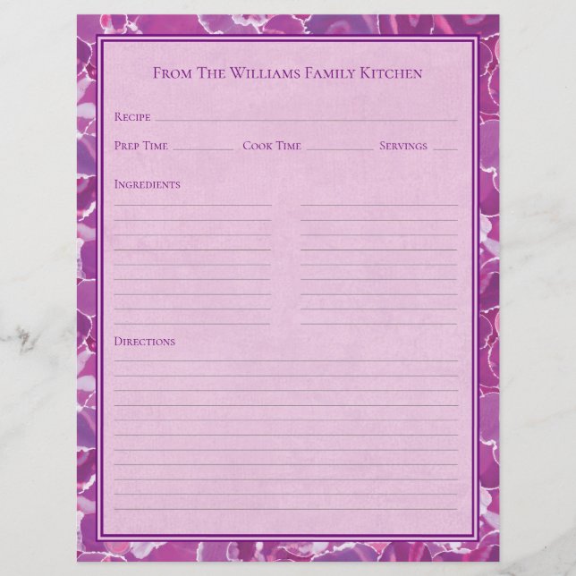 Abstract Watercolor Purple Pink Recipe Paper Sheet (Frente)