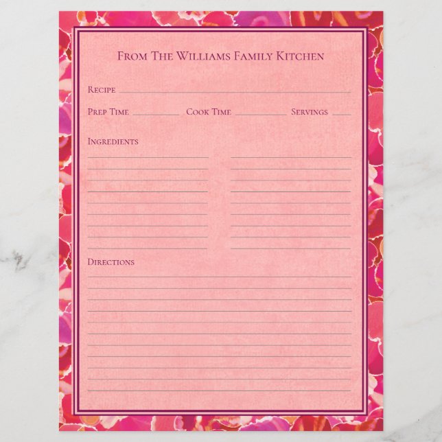 Abstract Watercolor Red Pink Recipe Paper Sheet (Frente)