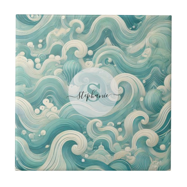 Abstrato Aqua Blue & White Wave - Arte Fluida Mode (Frente)