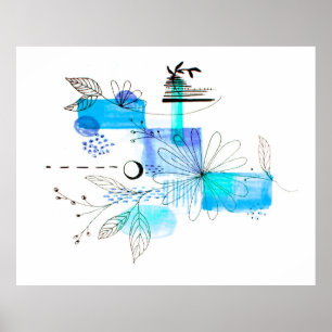 Abstrato Art Black Floral Blue e Poster Cinza