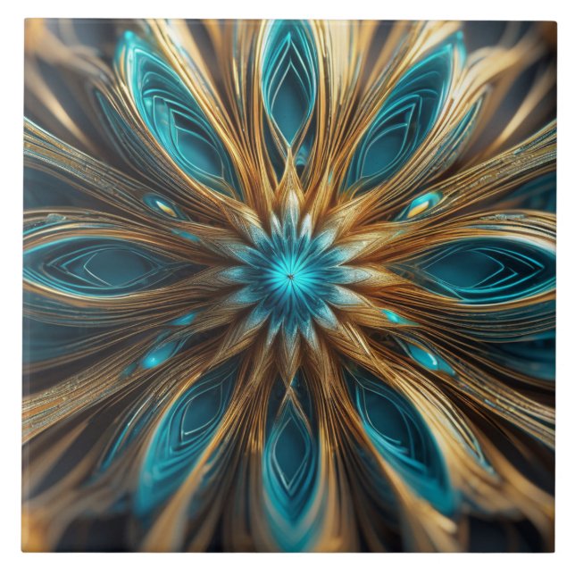 Abstrato azul e loiro radial floral 3 d (Frente)