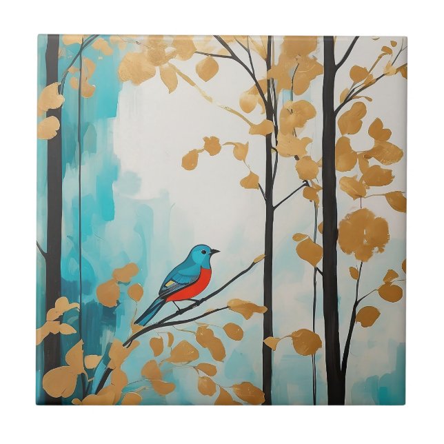 Abstrato Blue Bird No Outono Ouro Deixa A Floresta (Frente)