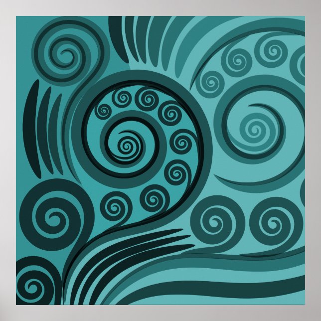 Abstrato Blue Fern Frond Curls Poster (Frente)