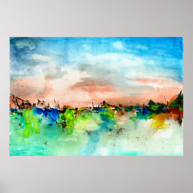 Abstrato Colorida Paisagem Watercolor Poster (Frente)