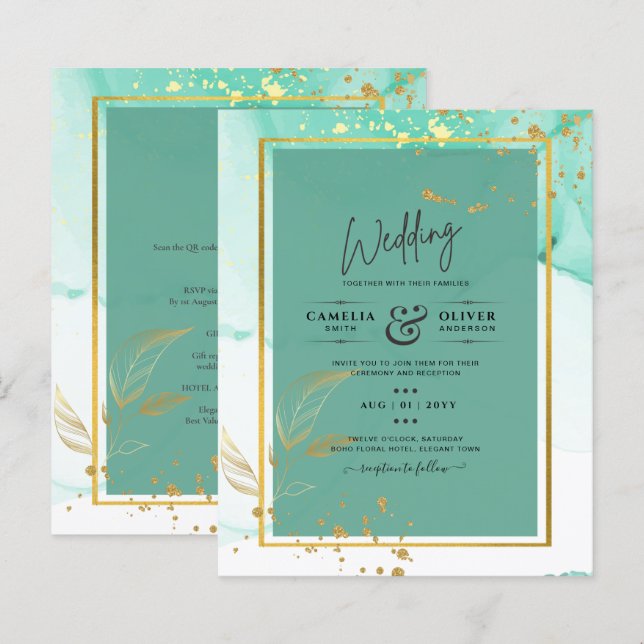 Abstrato de Álcool de Mint Green Dourado WEDDING (Frente/Verso)