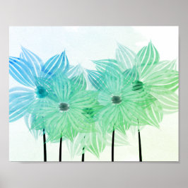 Abstrato de Aquarela Flores Verde Poster Azul