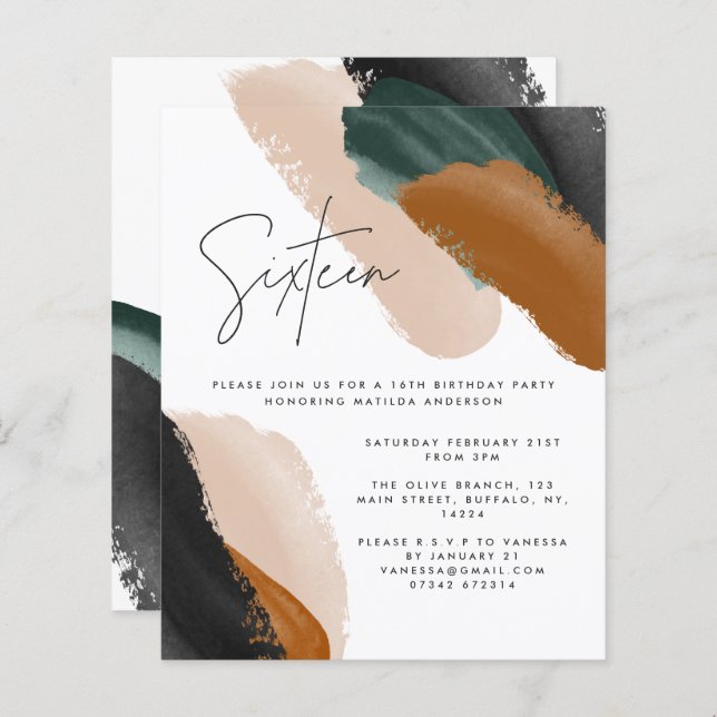 Abstrato de aquarela verde terracotta 16º Aniversá (Frente/Verso)