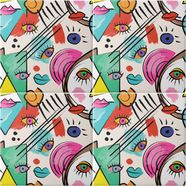 Abstrato de Cubismo Moderno Artsy Enfrenta Arte (Modern Cubism Abstract Artsy Female Faces Art Ceramic Tile)