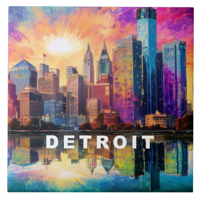 Abstrato Detroit Skyline Art Modern Cityscape (Frente)