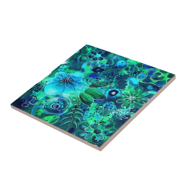 Abstrato Floral Azul-Teal Verde Folha Floral Flore (Lateral)