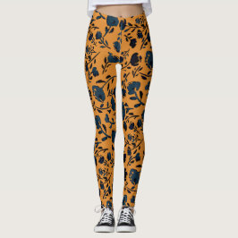 Abstrato Floral de Mostarda e Leggings Chic Azuis