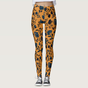 Abstrato Floral de Mostarda e Leggings Chic Azuis