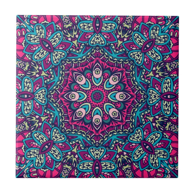 Abstrato Floral Festivo Mandala, Teal Magenta (Frente)