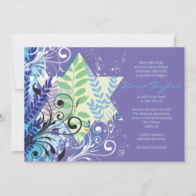 ABSTRATO FLORAL STAR Bat Mitzvah Convite Roxo (Frente)