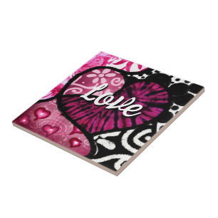 Abstrato Love Heart Pink Floral Bolinhas Pretas
