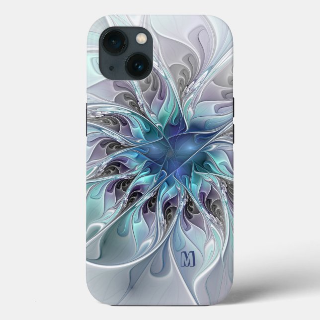 Abstrato Moderno Flor Fractal Com Monograma Azul (Verso)