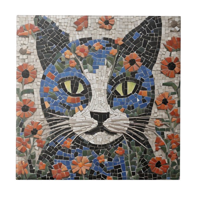 Abstrato Mosaico Gato com Flores (Frente)