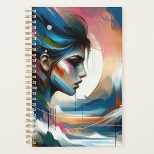 Abstrato mulher face ao planejador azul castanho