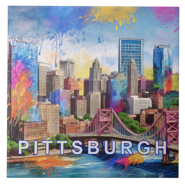 Abstrato Pittsburgh Skyline Art Modern Cityscape (Frente)