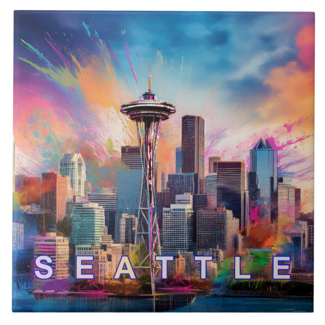 Abstrato Seattle Skyline Art Modern Cityscape (Frente)