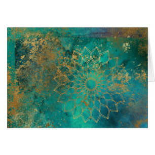 Abstrato Teal Dourado Grunge Mandala - Cartão de 