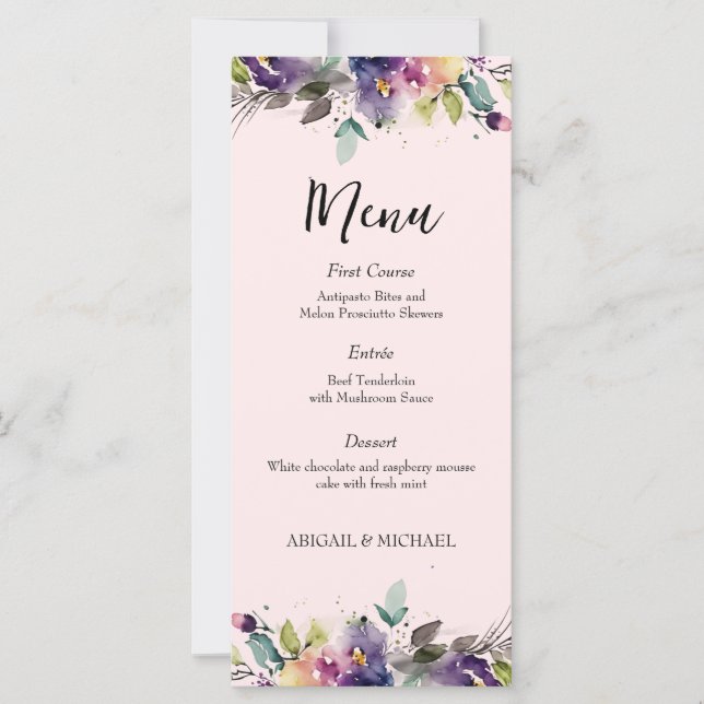Abstrato Watercolor Floral Wedding Menu (Frente)